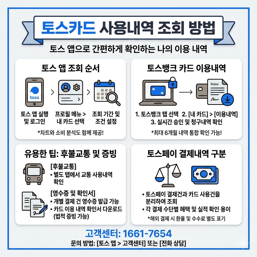 토스카드 사용내역 조회 방법 토스 앱&middot;후불교통&middot;영수증 확인 순서 인포그래픽