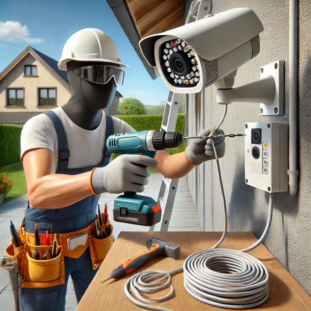 벽에 유선 보안 카메라를 설치 중인 사람이 드릴을 사용하며 깔끔하게 케이블을 정리하는 모습&amp;#44; 안전 장비를 착용하고 있으며 배경에는 정원이 잘 가꿔진 주택이 보임