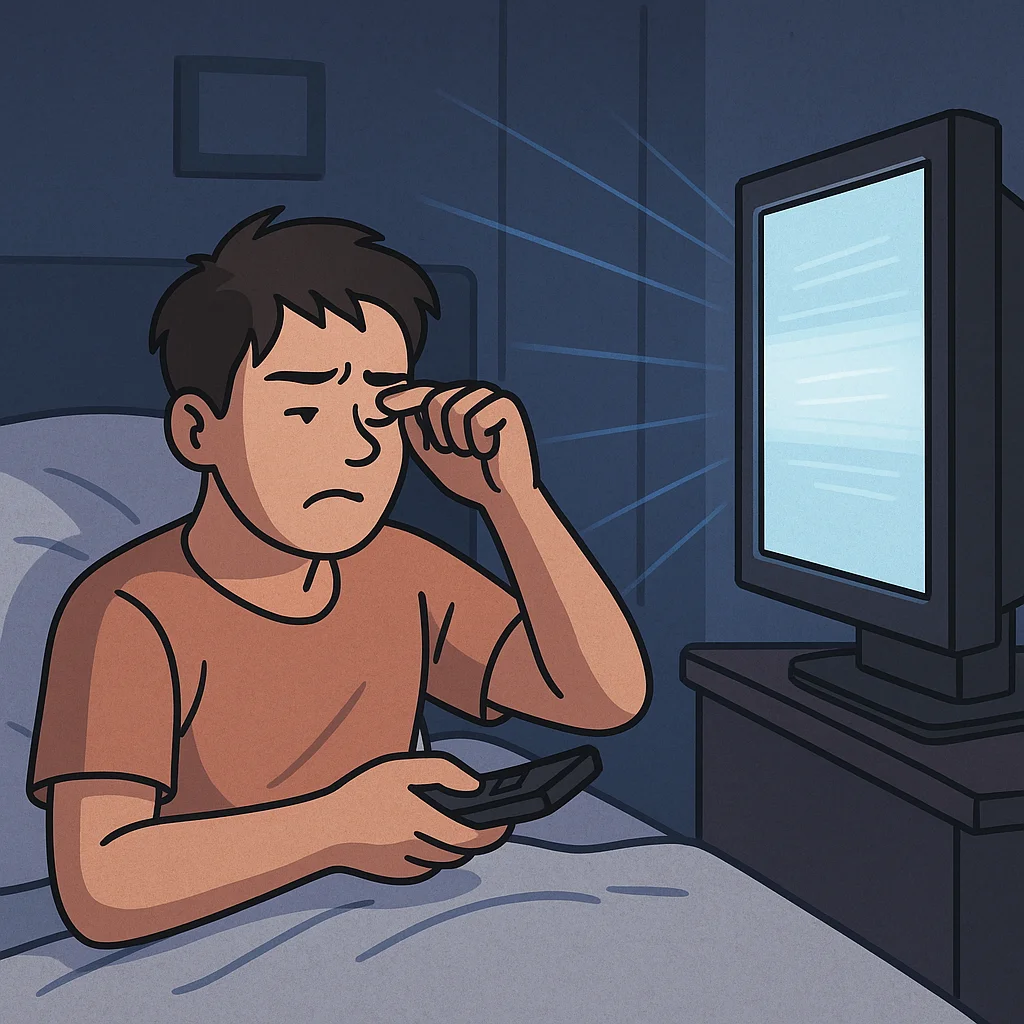 침대에 누워서 TV를 보는 남성이 눈을 찡그리며 눈을 비비는 모습의 일러스트, 시력 저하 가능성 표현