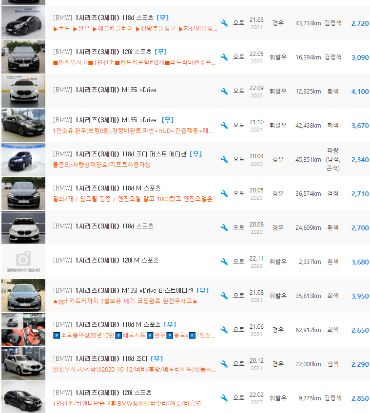 BMW 1시리즈(F40) 중고차 가격 : 2,290만원 ~ 4,750만원