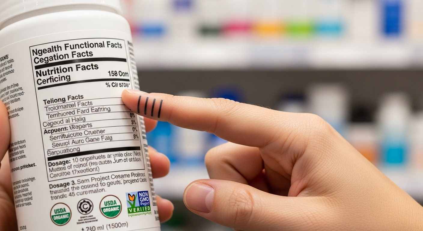 건강 기능 식품 라벨의 성분, 인증 마크, 섭취량 등을 꼼꼼히 확인하는 손의 클로즈업.