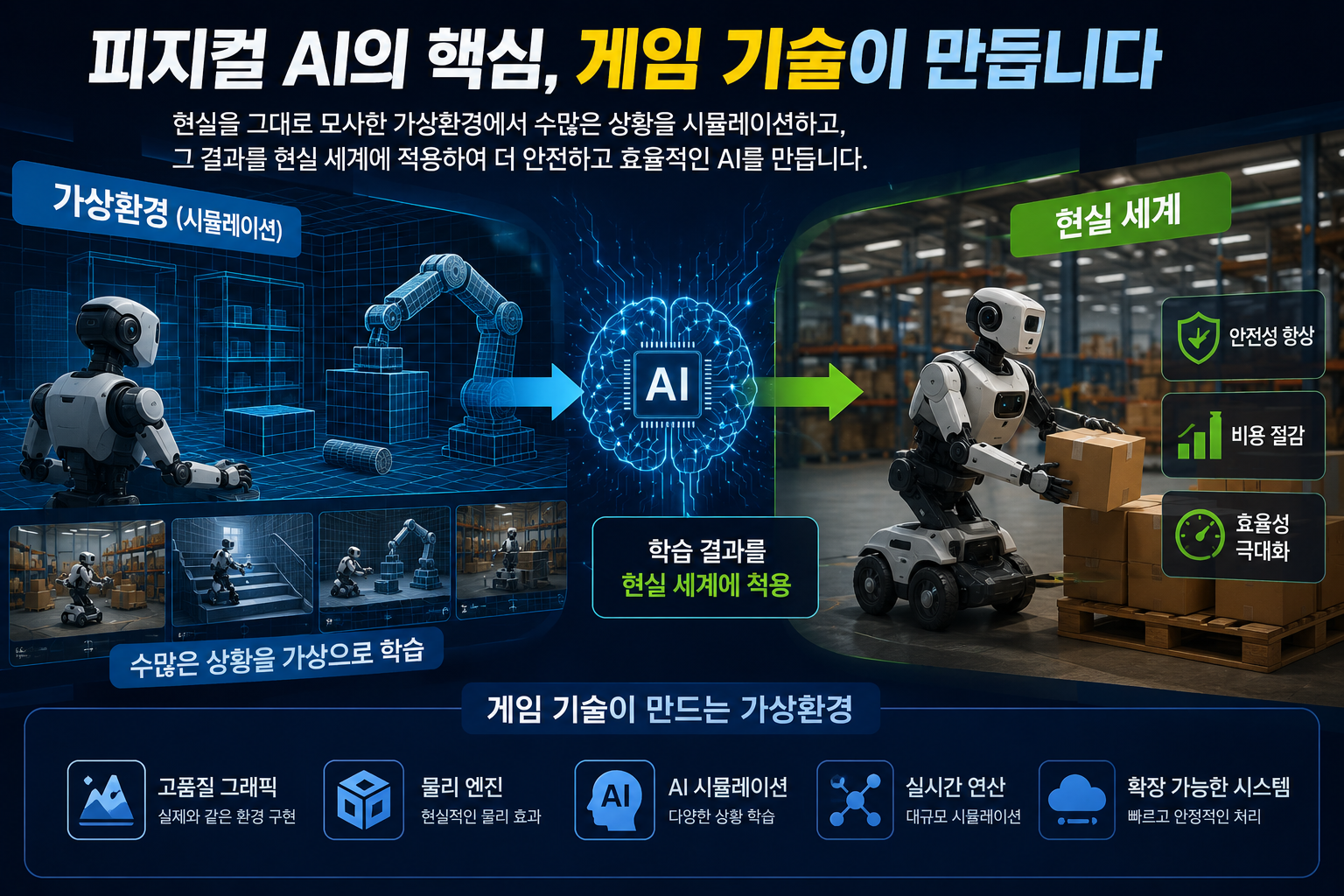피지컬 AI를 구현하기 위해 게임 기술로 만든 가상 시뮬레이션 환경에서 로봇이 다양한 상황을 학습하고, 그 결과를 현실 물류창고와 산업 현장에 적용하는 과정을 보여주는 AI 기술 인포그래픽 이미지