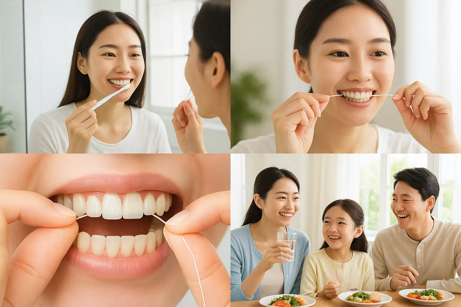 칫솔을 45도 각도로 기울여 치아와 잇몸 경계 부위를 닦는 장면, 한국 여성 모델이 치실을 사용해 치아 사이를 청소하는 모습, 밝은 아침 햇살 속, 한국 가족이 함께 식사하며 물을 마시고 웃는 모습