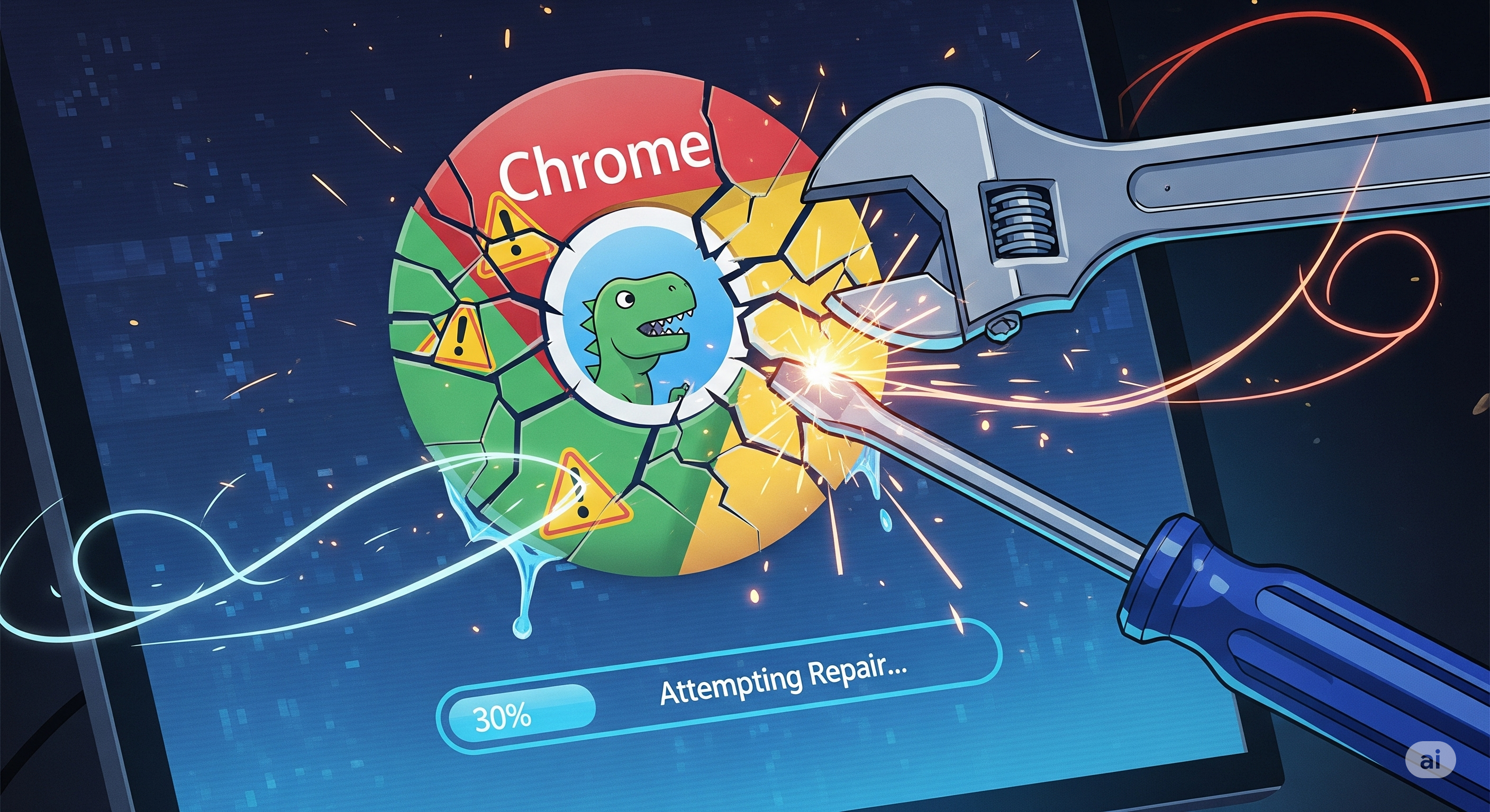 컴퓨터 화면이 멈춰 있고 그 옆에 톱니바퀴, 스패너 등 해결 도구 아이콘