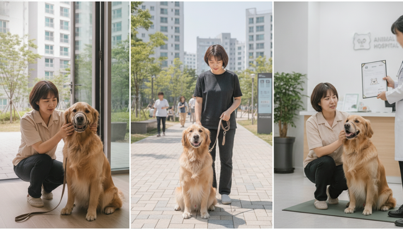 맹견의 안전한 외출을 위한 입마개 착용, 책임감 있는 보호자의 모습, 맹견 보험 서류를 보여주는 세트 이미지