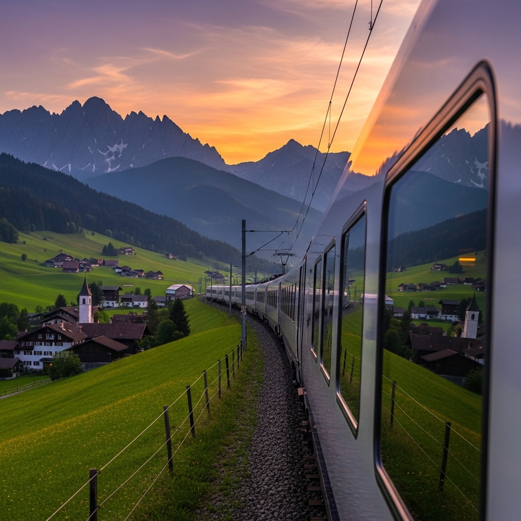 노을 지는 유럽의 아름다운 풍경을 가로지르는 기차의 모습. 현대적인 기차가 푸른 초원과 아기자기한 마을, 눈 덮인 산을 지나며 유럽 기차여행의 낭만과 자유로움을 표현합니다.