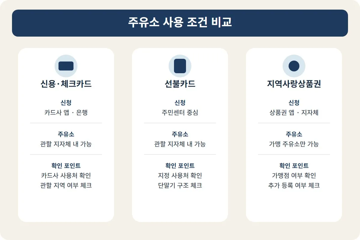 고유가 피해지원금 누가 얼마나 받나와 함께 신용카드, 선불카드, 지역사랑상품권의 주유소 사용 조건을 비교한 이미지