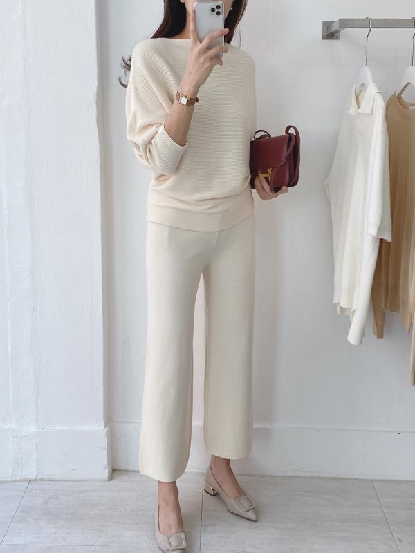 여성 투피스 보트넥 가오리 니트 바지 셋업 세트 봄 가을 겨울
