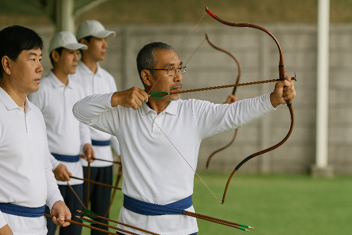 전국체전 궁도 경기에서 선수가 진지한 표정으로 활을 쏘고 있는 역동적인 모습.