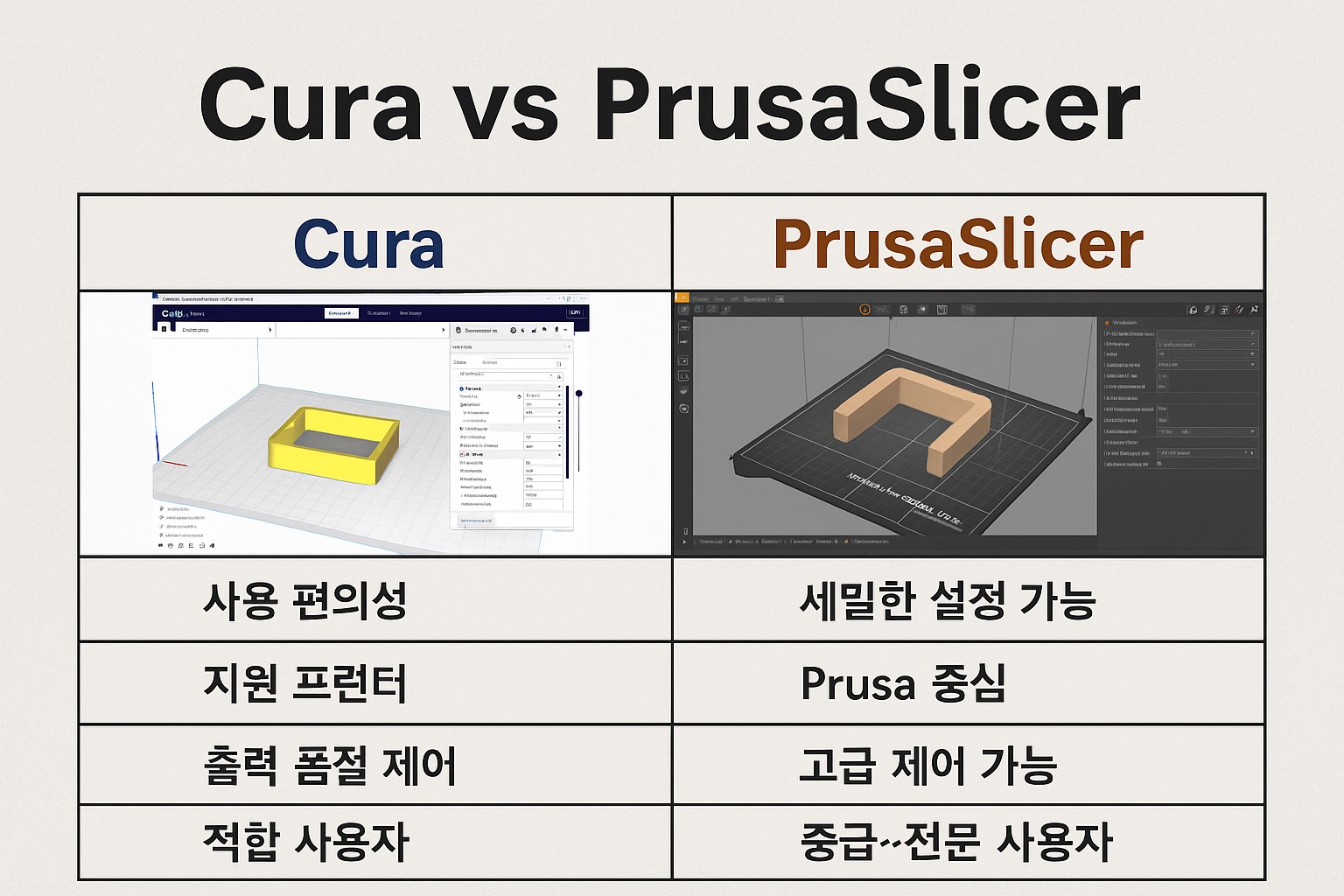 Cura와 PrusaSlicer 인터페이스와 기능 비교 표