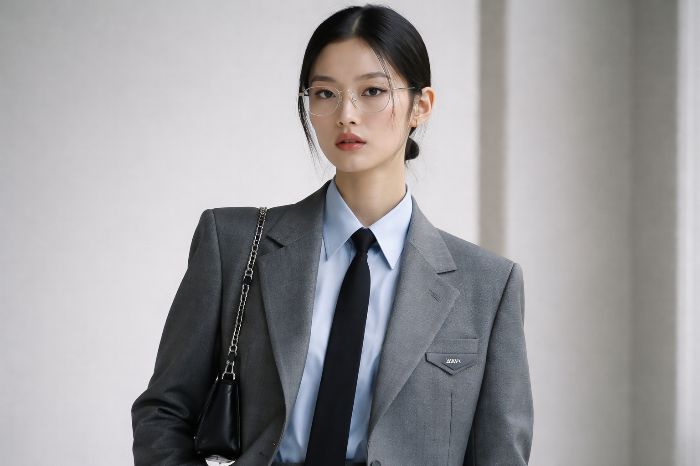 브랜드 아카이브를 활용하여 90년대 오피스 룩을 긱 시크로 재해석한 스타일링