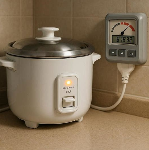 보온 기능이 켜진 전기밥솥과 전력 사용량 측정기