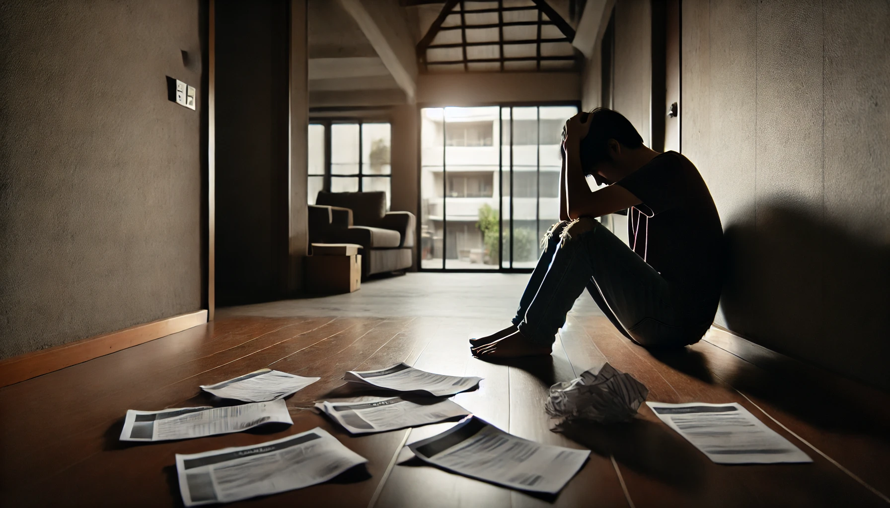 빈 아파트에서 홀로 앉아 머리를 감싸 쥔 사람