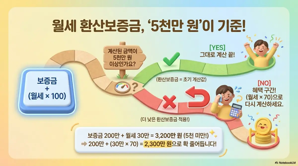 부동산 중개수수료: 월세 환산보증금 계산 시 5천만 원 기준으로 &times;100 또는 &times;70을 적용하는 흐름을 보드게임 형식으로 설명한 인포그래픽 이미지. 이 이미지는 월세 환산보증금 계산법의 분기 조건을 시각적으로 전달하며&amp;#44; 블로그의 중개수수료 계산법과 관련된 내용을 설명함