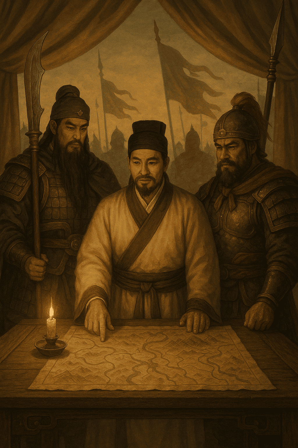 유비, 관우, 장비가 책상 앞에서 전략 지도를 보는 장면