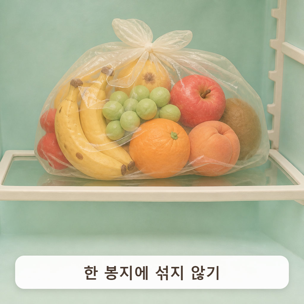 큰 비닐봉지 하나에 여러 과일이 뒤섞여 담긴 모습