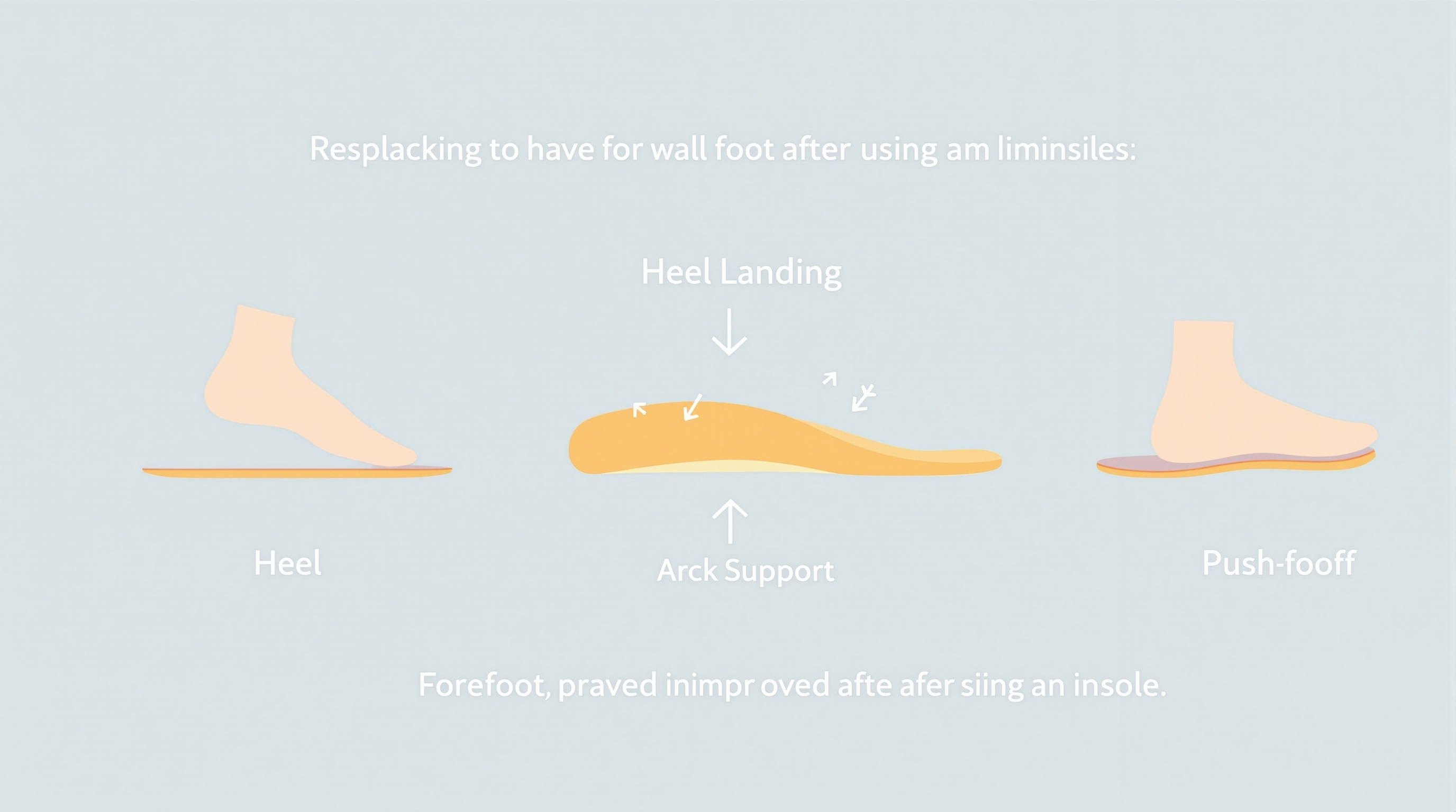 뒤꿈치 착지부터 아치 지지, 발끝 추진까지 보행 흐름이 개선된 과정을 시각적으로 표현한 다이어그램