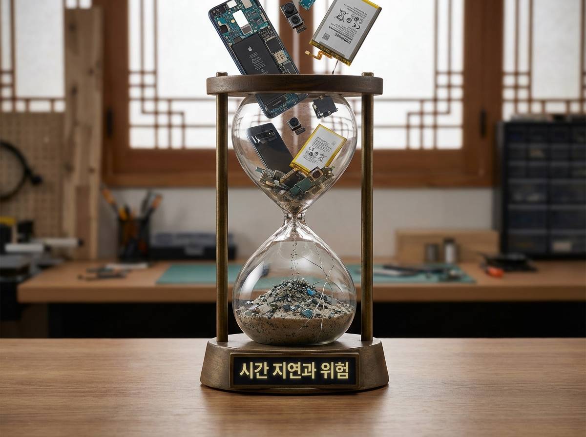 모래시계 속에서 스마트폰 부품이 떨어지는 모습, 시간 지연과 리스크를 상징하는 시각적 묘사