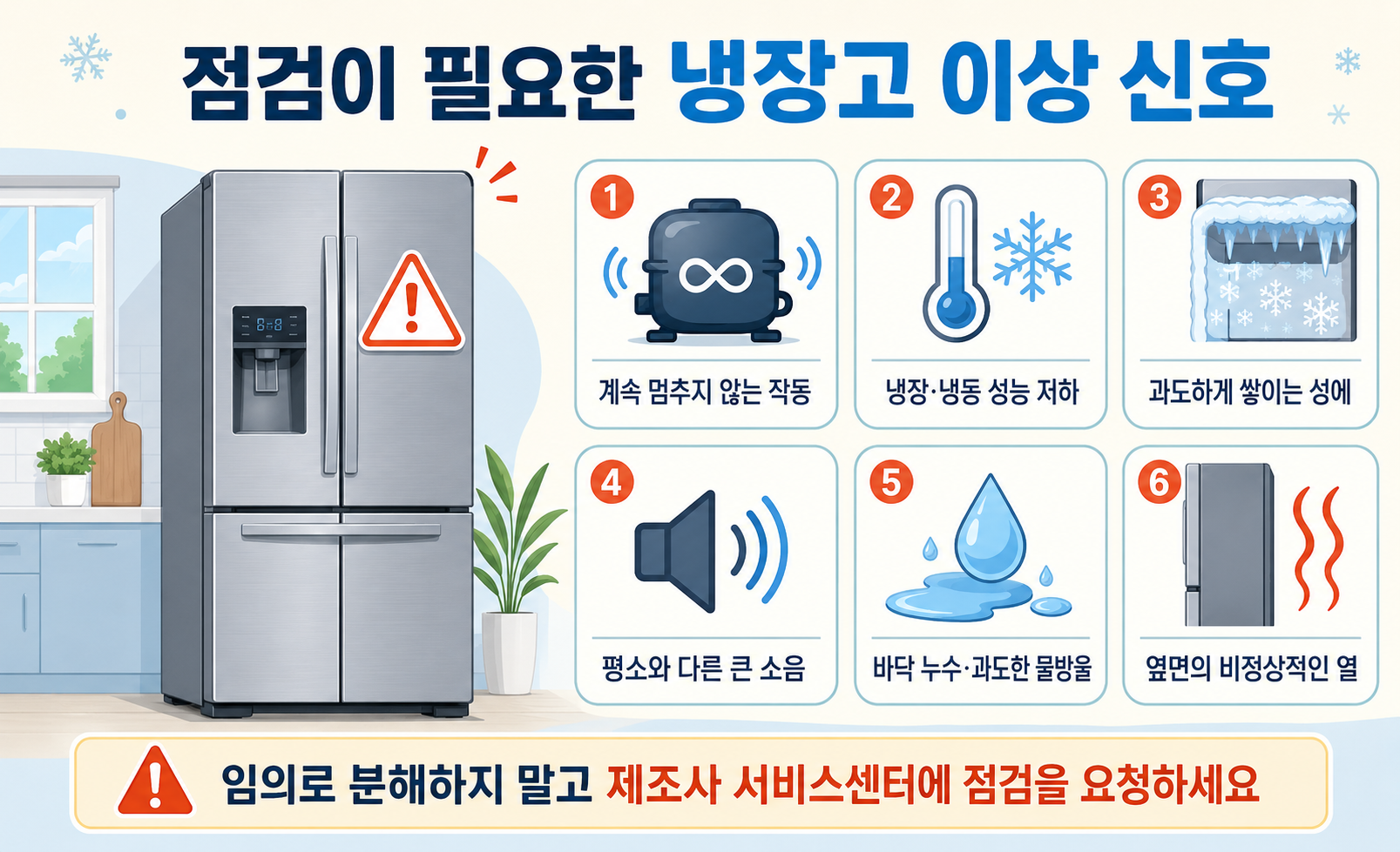 냉장고 점검이 필요한 이상 신호와 고장 의심 증상을 설명한 이미지