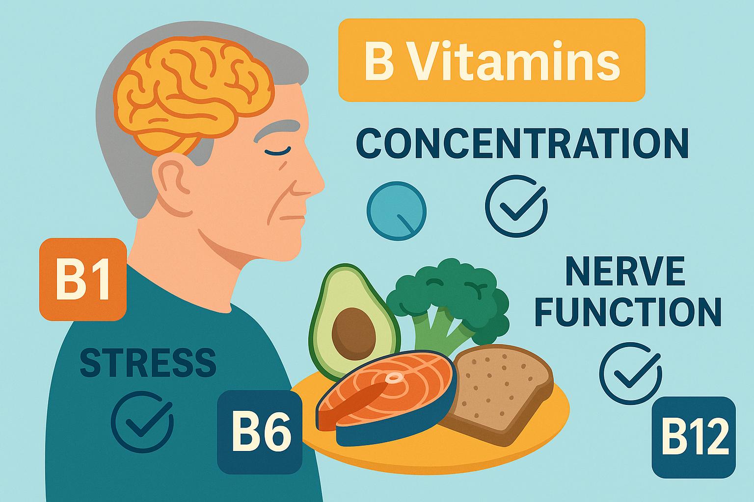 집중력과 스트레스 해소에 도움되는 비타민 B군의 이미지 만화체 그림