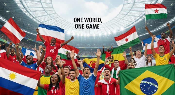 다양한 관중들이 자기가 응원하고 있는 팀기 또는 각 나라의 국기를 들고 환호하고 있는 이미지입니다.