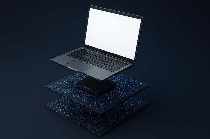 다층 회로와 노트북을 함께 배치한 컴퓨팅 전환 개념 이미지