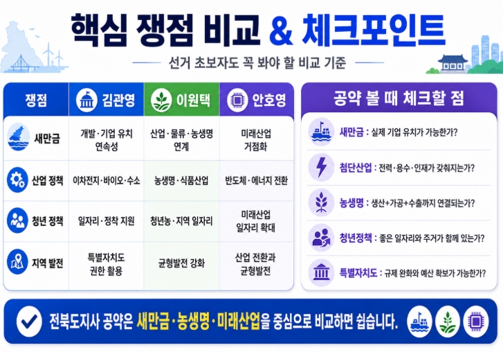 2026 전북도지사 후보 공약 비교 김관영 이원택 안호영 핵심정리