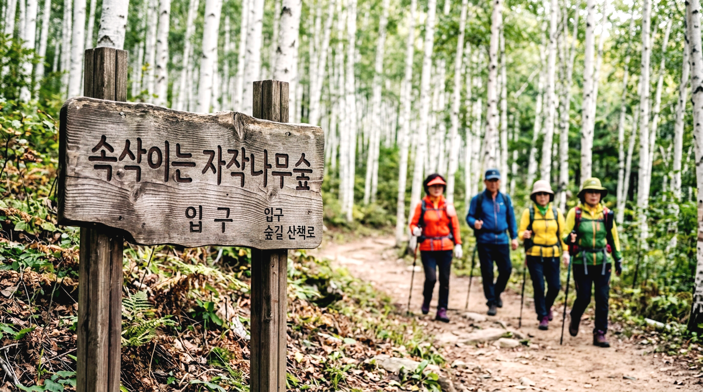 자작나무숲 입구 안내판과 등산복을 입은 한국인 등산객들의 모습