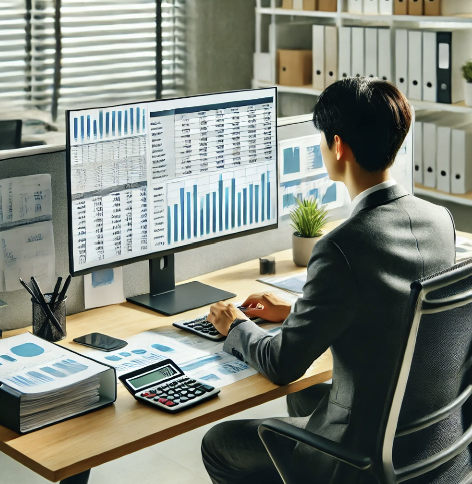 사무실에서 세금 관련 데이터를 집중해서 확인하는 모습