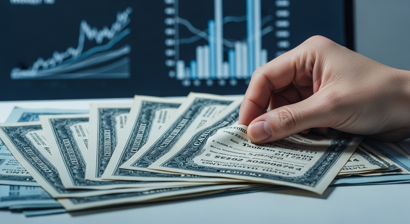 다수의 주식 증권 중 4-5개를 신중하게 고르는 손으로, 집중 투자 전략을 상징하는 이미지