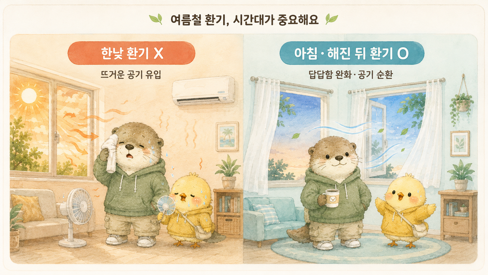 에어컨 켜고 창문 열어도 되는지 설명하는 여름 환기 이미지