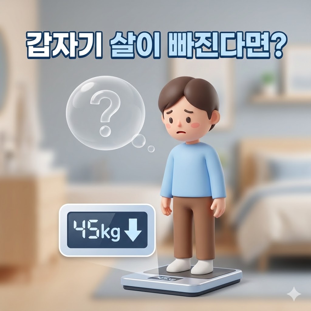 다이어트 없이 갑자기 체중이 줄어든 것에 당황해하는 사람의 3D 카툰 일러스트. 갑자기 살이 빠진다면? 이라는 문구가 삽입되어 있다.