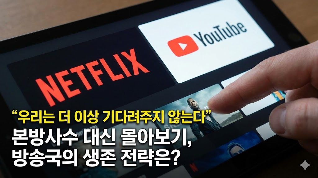 넷플릭스, 유튜브 등 OTT 플랫폼이 떠 있는 태블릿 화면을 클로즈업하여 새로운 미디어 소비 트렌드를 상징적으로 보여줍니다. 본방사수 대신 '몰아보기'를 선택하는 시청자들과 방송국의 생존 전략에 대한 질문을 던집니다.