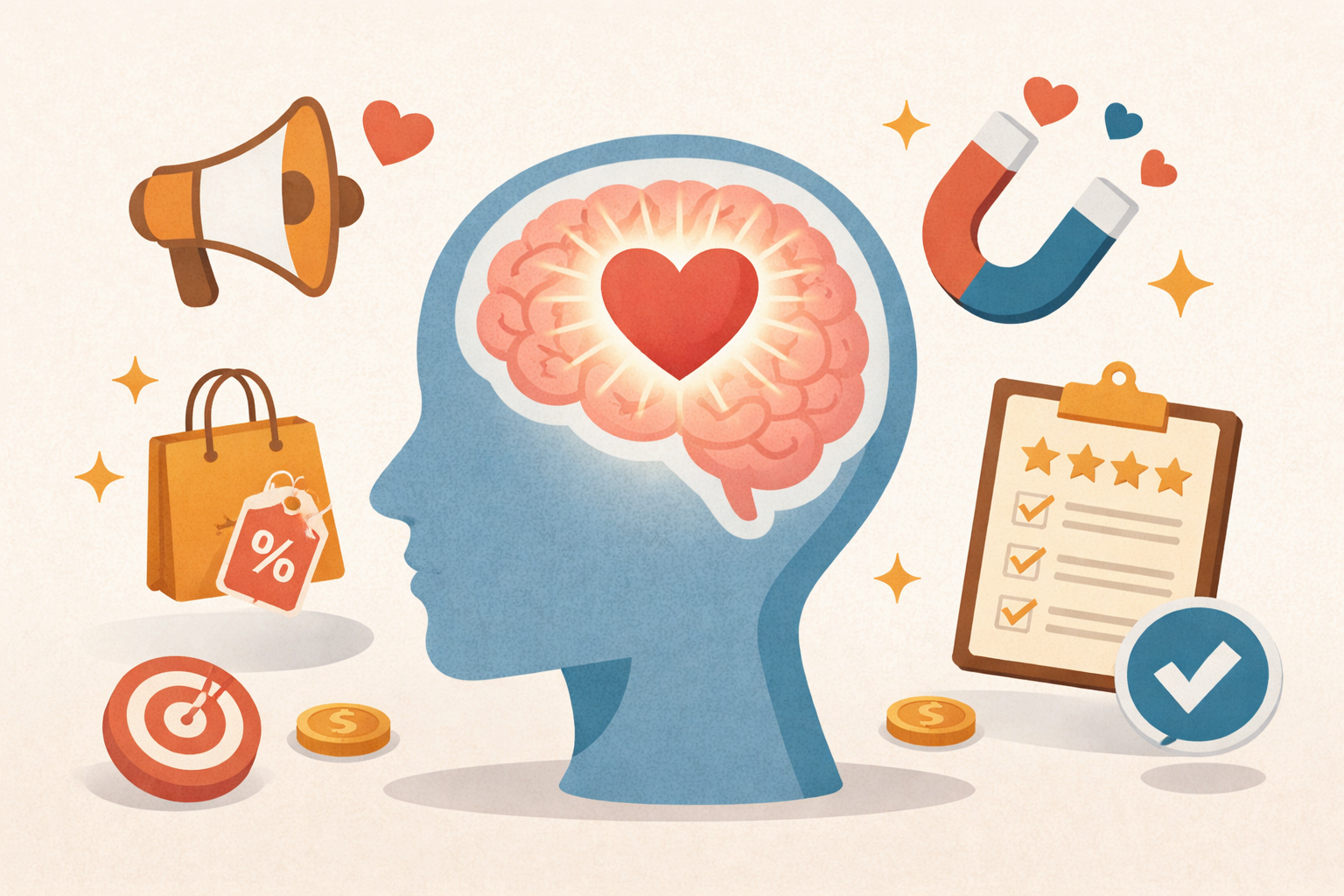 심리 마케팅을 상징하는 뇌와 하트 일러스트