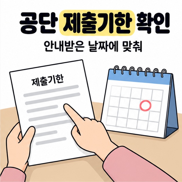 공단 제출기한 확인과 안내받은 날짜에 맞춰라는 문구 아래 제출기한 안내문을 손가락으로 짚는 손과 동그라미가 표시된 탁상 달력이 보인다.