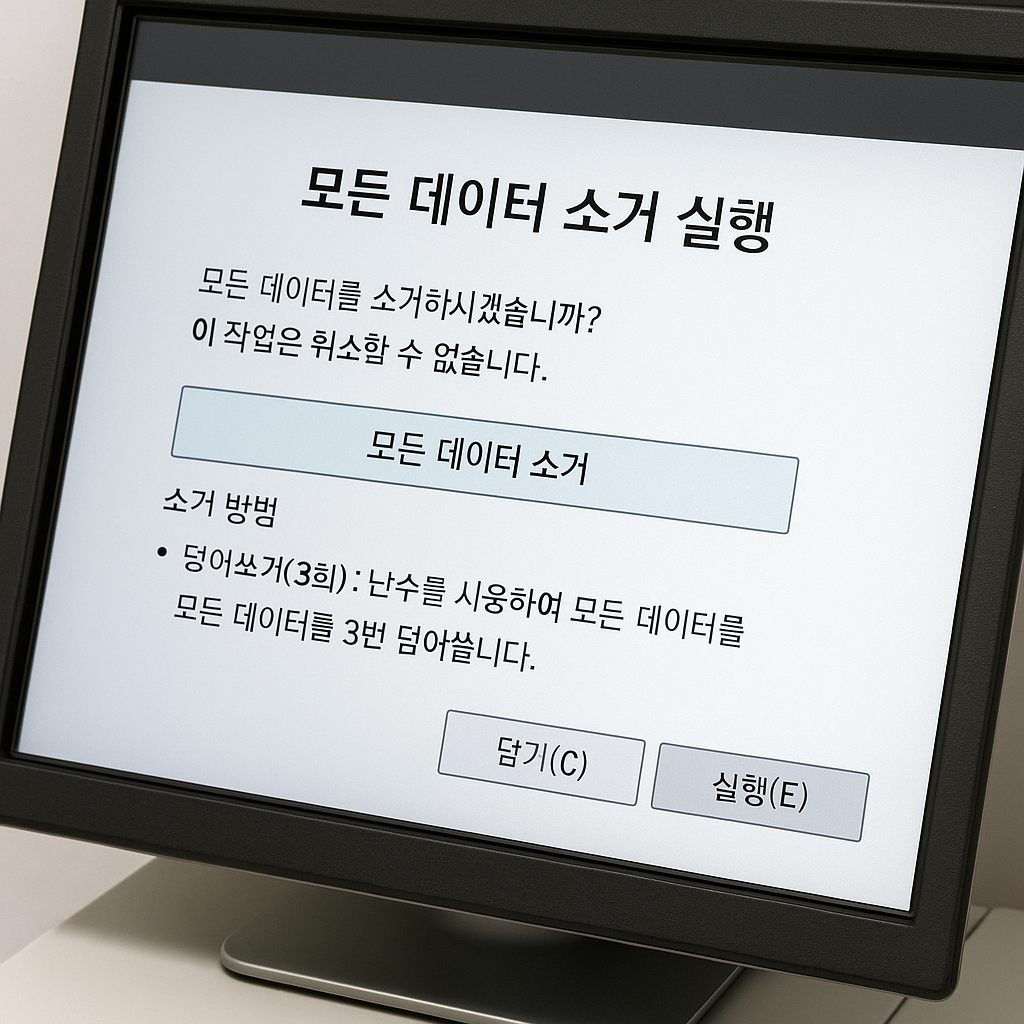 복합기 관리자 화면에서 모든 데이터 소거 실행 버튼을 누르기 직전 화면