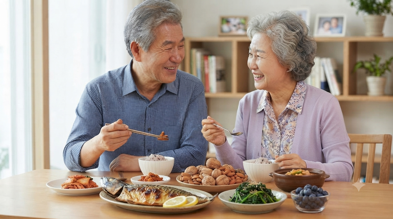 An elderly couple smiling and eating a healthy meal with brain-boosting foods like grilled mackerel, walnuts, almonds, spinach, blueberries, and curry at a dining table.
