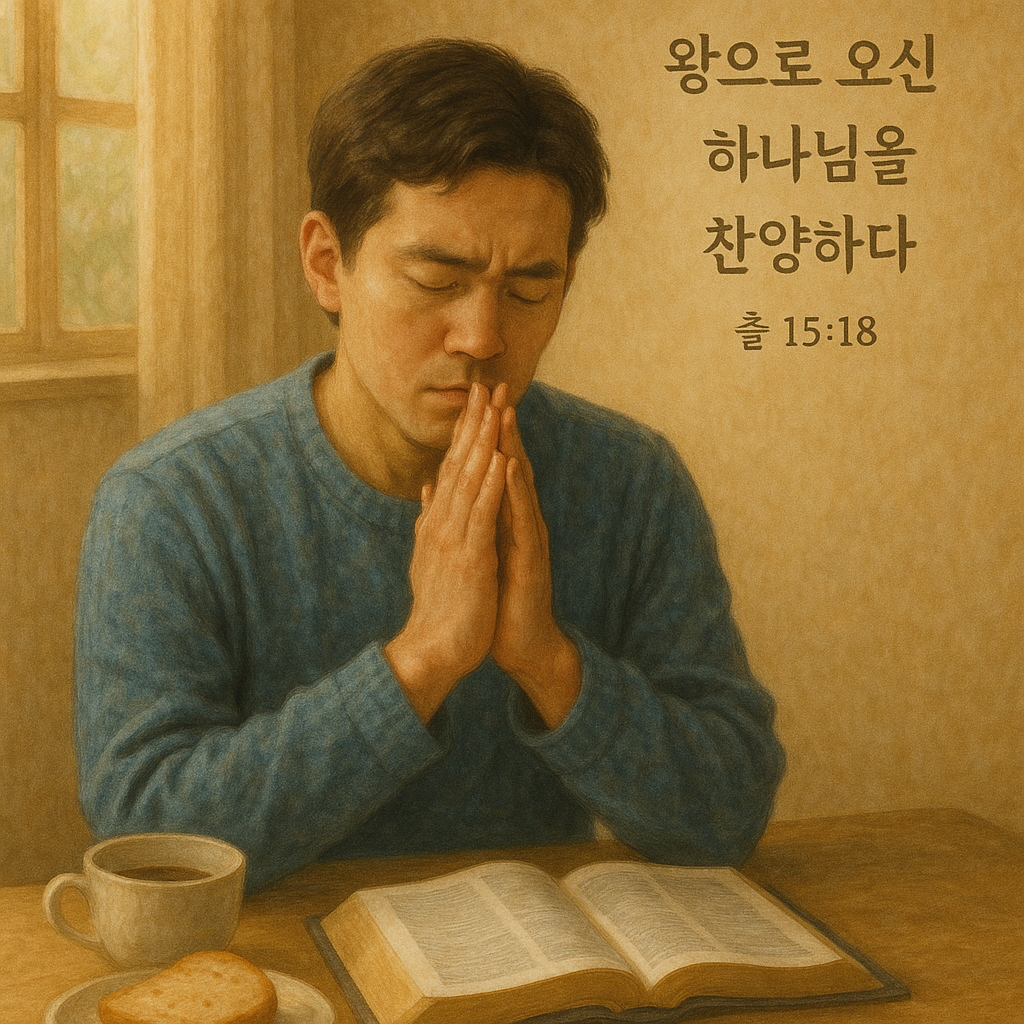 출 15:18 말씀을 따라 주님을 왕으로 모시고 살아가는 삶에 대해 동기부여되었으며&amp;#44; 누가 이 세계와 이 땅을 통치하시는지 분명히 하며 왕 되신 주님을 인정하며 살아가는 삶이 되도록 왕으로 오신 하나님을 찬양하는 시간을 갖는 모습입니다.