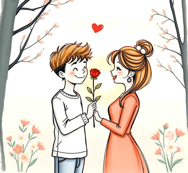 금발머리 남자와 여자가 나무 술길에 서서 마주보며 웃는다. 남자가 장미꽃 한송이를 여자에게 건넨다.