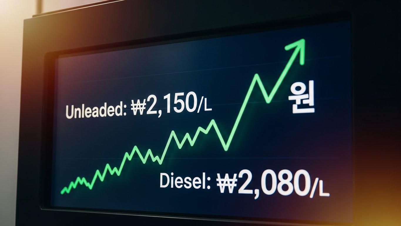 고환율 영향으로 치솟는 주유소 기름값 표시판과 환율 상승 그래프