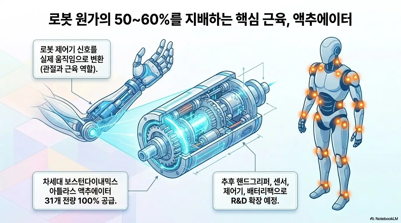 현대모비스 주가 전망: &amp;#39;로봇 원가의 50~60%를 지배하는 핵심 근육&amp;#44; 액추에이터&amp;#39;라는 문구가 포함된 인포그래픽 이미지. 이 이미지는 현대모비스가 보스턴다이내믹스 아틀라스 액추에이터 31개를 전량 공급하고 핸드그리퍼&middot;센서로 R&amp;D를 확장하는 휴머노이드 수혜 구조를 시각적으로 전달하며&amp;#44; 블로그의 현대모비스 주가 전망과 관련된 내용을 설명함