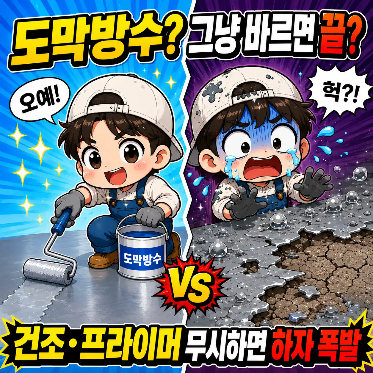 도막방수 셀프 시공에서 바탕면 건조와 프라이머 도포 여부에 따른 성공 사례와 기포·들뜸·박리 하자를 비교한 이미지