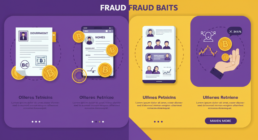 위조된 정부 문서와 가짜 거래소 화면, 단체 채팅방 사기를 나타내는 인포그래픽