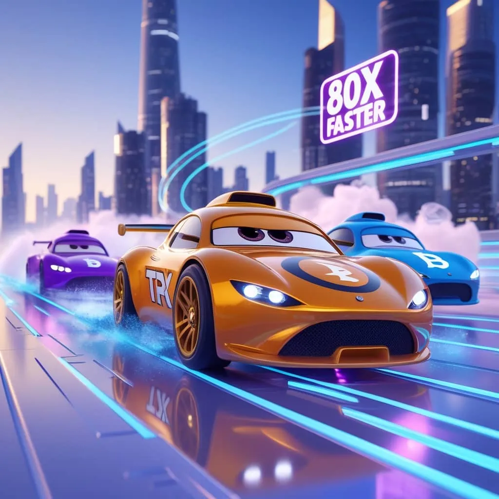 트론코인의 빠른 처리 속도를 레이싱에서 압도적 1위를 하고 있는 자동차에 비유한 이미지.