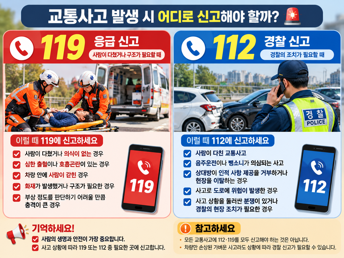 교통사고 발생 시 112 경찰 신고와 119 응급 신고 상황을 비교한 이미지
