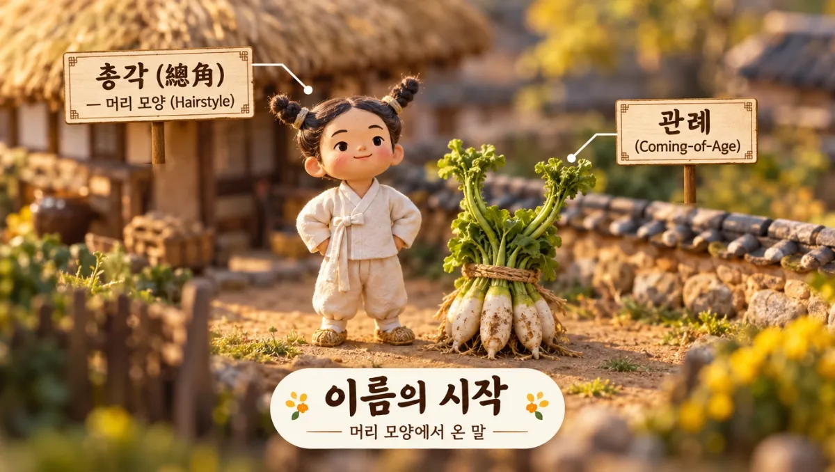 총각(總角)의 유래 - 양갈래 뿔 모양으로 땋은 머리의 조선 소년과 총각무 미니어처