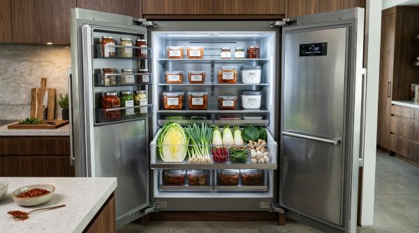 A luxurious built-in stand-style kimchi refrigerator with a sleek metallic finish, its doors open to reveal neatly organized premium containers and fresh vegetables.