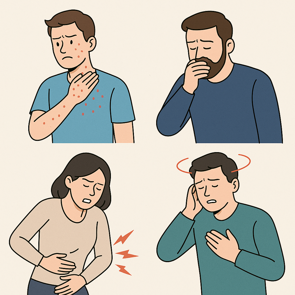 약물 부작용 증상을 나타내는 일러스트로, 두드러기·구토·복통·어지럼증 등 이상반응을 겪는 남녀 인물이 4분할로 묘사됨. 배경은 연한 베이지 톤이며, 증상은 붉은색으로 강조.