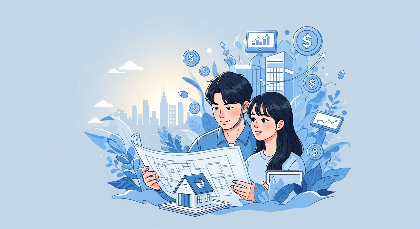 청년 주택드림 청약통장의 확대된 혜택으로 내 집 마련의 꿈을 키우는 젊은 한국인 남녀의 희망찬 모습