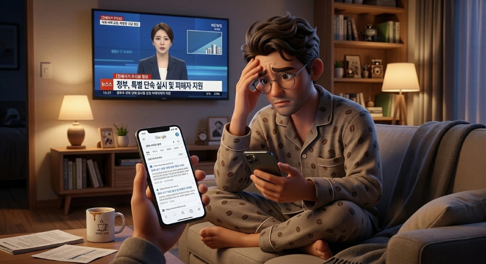 전세사기 뉴스를 보고 걱정하는 모습을 재현한 캐릭터 이미지